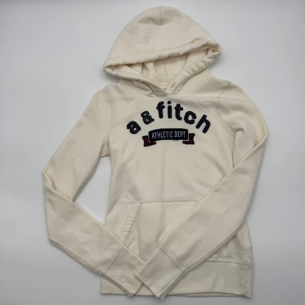 Abercrombie Kids Cream Athletic Dept Logo Pullover Hoodie Sweatshirt Large L A&F